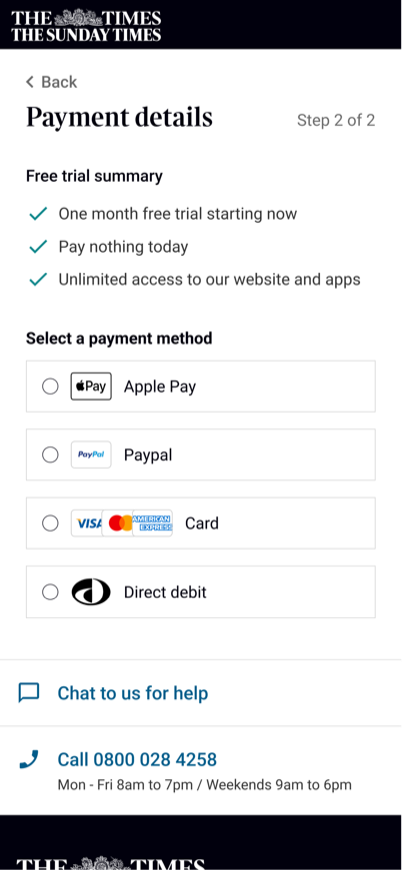 Payment method options presented equally